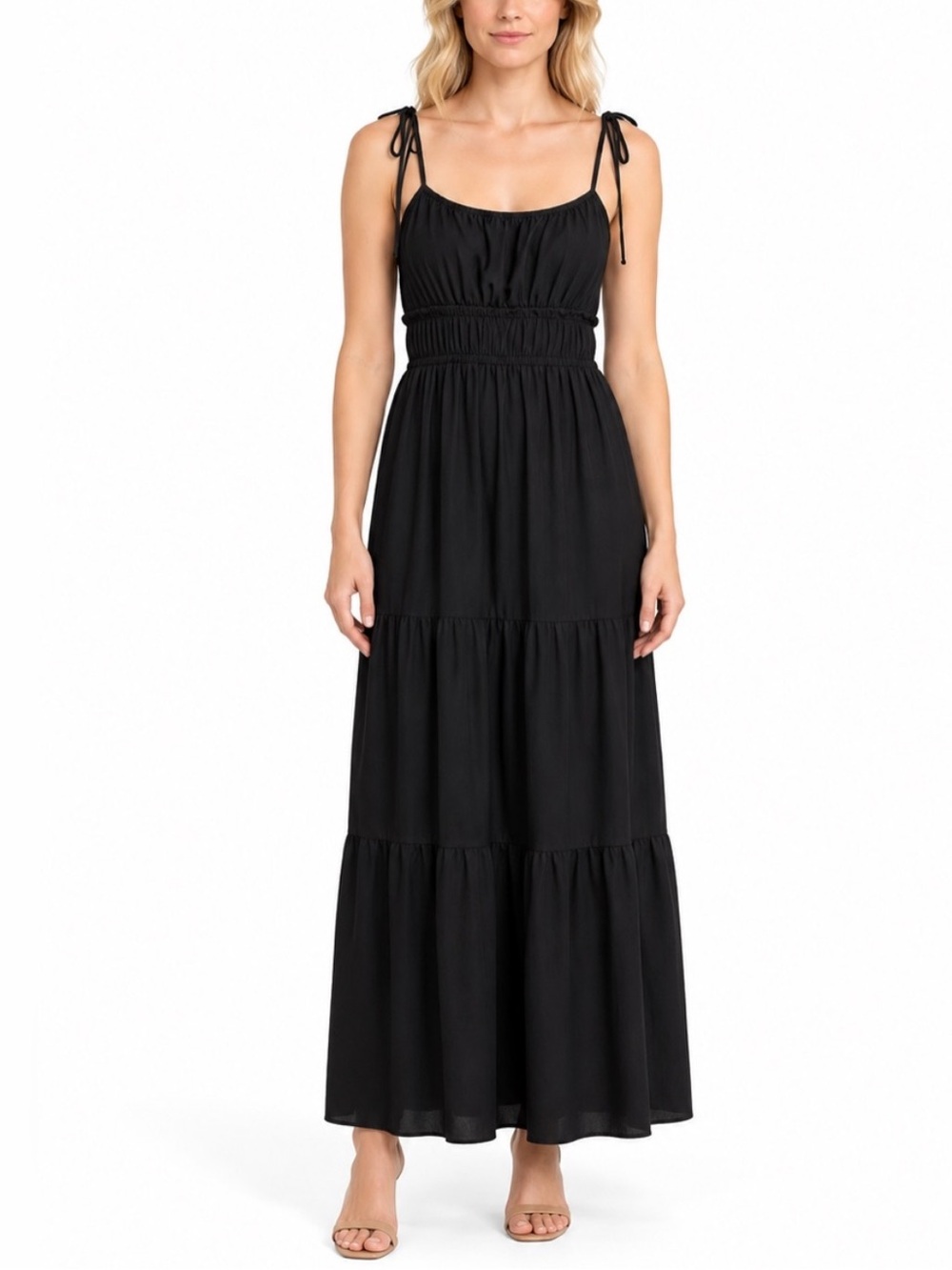 Express Black Tie-Shoulder Smocked Tiered Maxi Dress Size Medium 57250